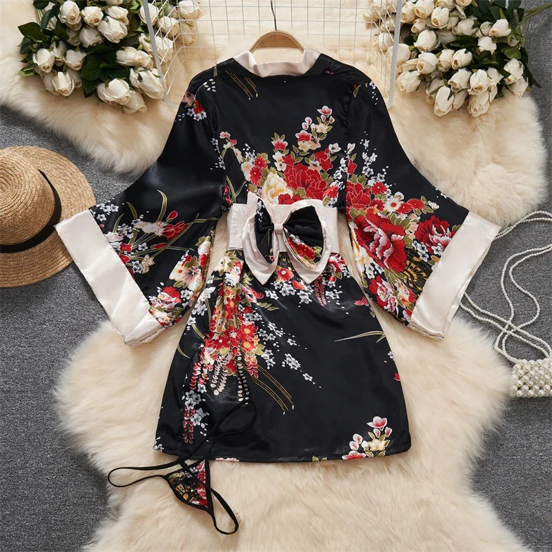 Japanese Kimono Women Bath Robe Sleepwear – Floral V-Neck Mini Dress Night Gown