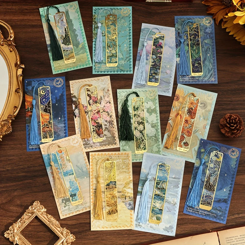 Vintage Oil Painting Metal Bookmarks with Hollow Design & Long Tassel – Perfect Stationery Gift for Book Lovers & Book Clubs