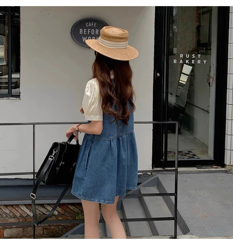 Women’s sleeveless denim mini dress, kawaii casual spring and autumn outfit