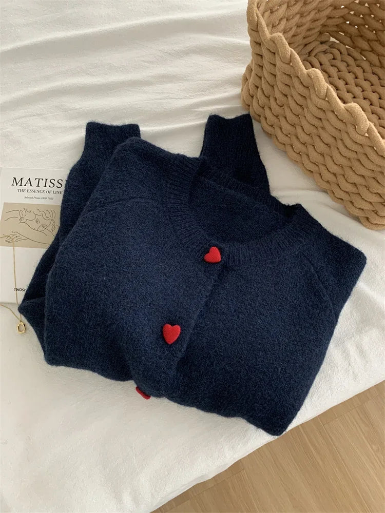 Kawaii Wool Knitted Heart Cardigan for Women – Soft Cozy Button-Up Sweater