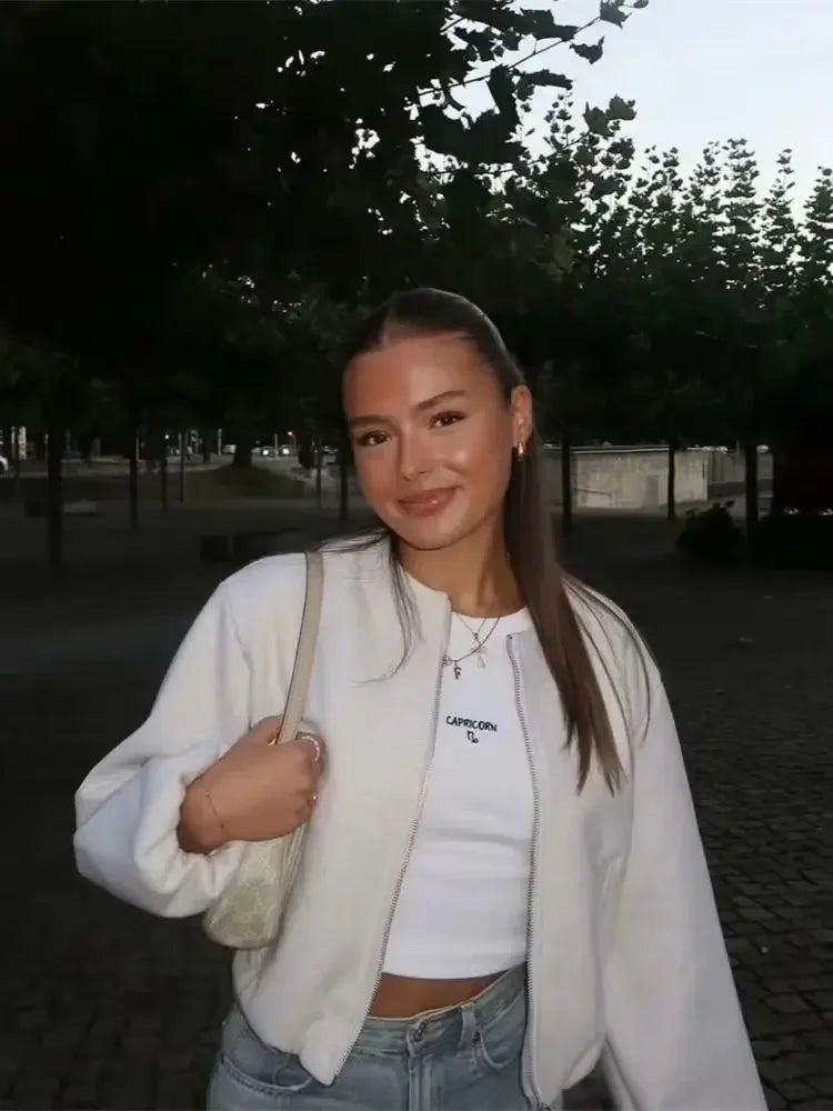 Women’s Retro Bomber Jacket – Soft Zipper Coat with Elastic Hem | Autumn Winter Long Sleeve Fashion Jacket