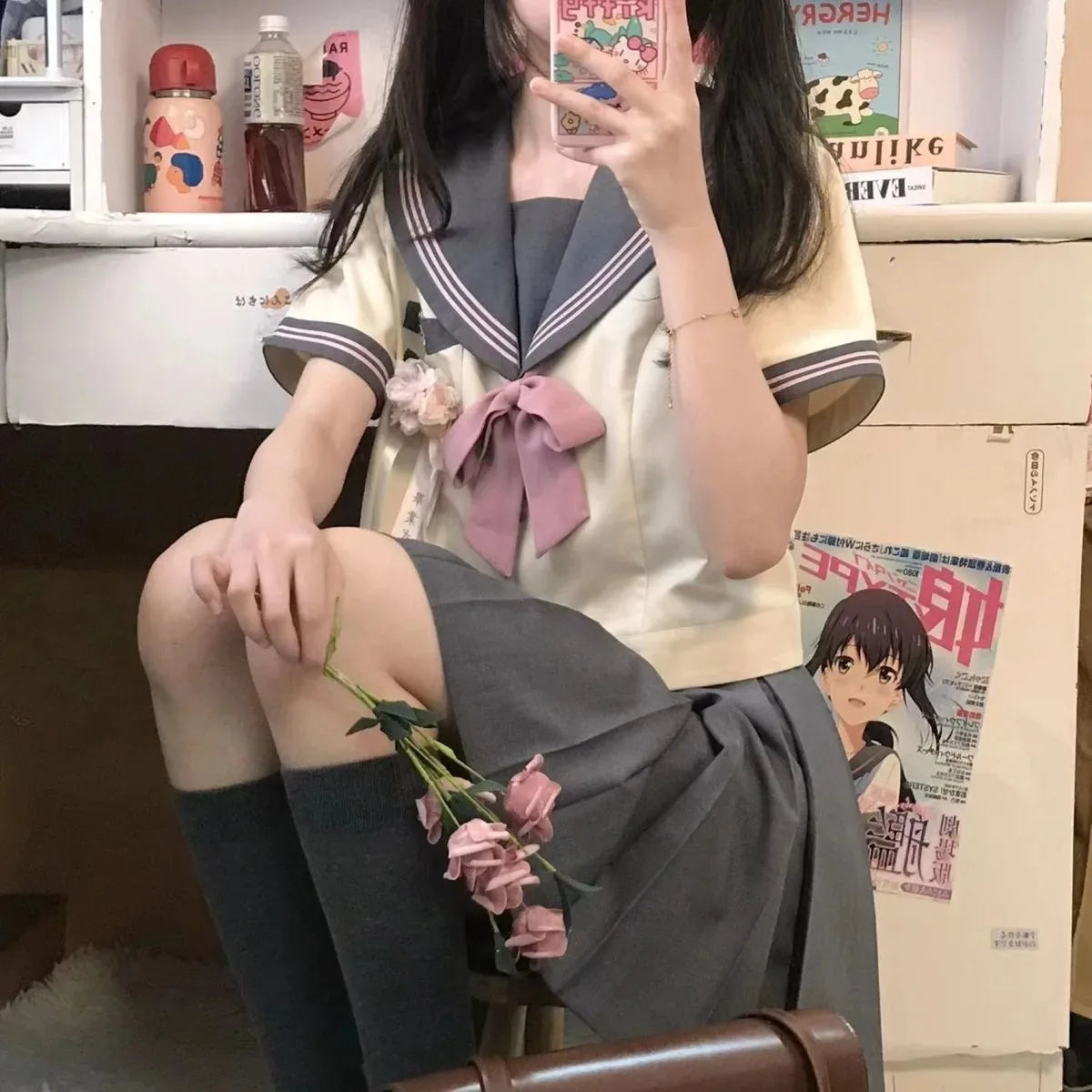 Japanese school uniform JK style set with bow top and pleated skirt for women in plus sizes
