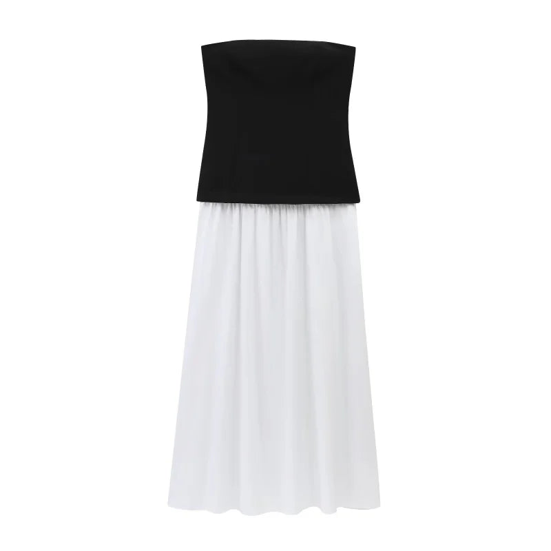 Women’s strapless party dress with color contrast patchwork, lightweight polyester fabric, perfect for spring and evening occasions.


