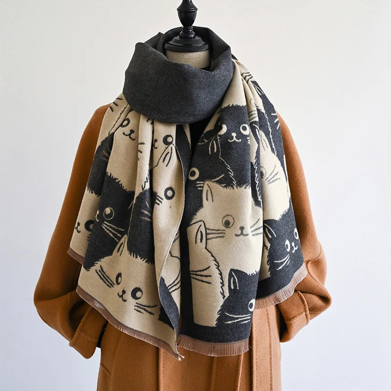 Soft polyester scarf with cat print in autumn colors