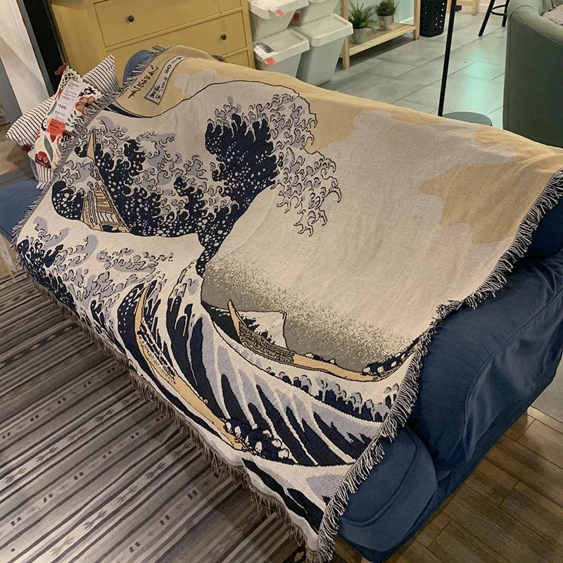 Japanese Wave Throw Blanket with Tassels – Perfect Accent for Sofa or Bed