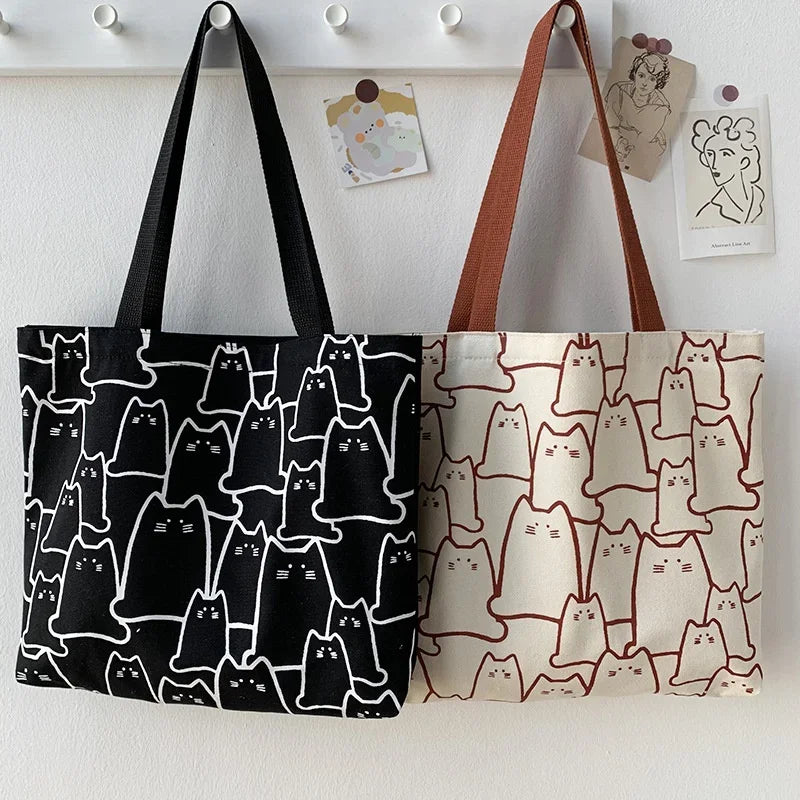 Cute canvas cat tote bag with Japanese cartoon design for women