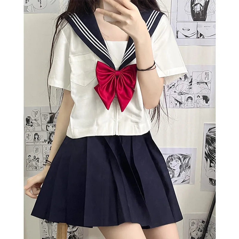 Japanese JK Sailor School Uniform – White & Red Tie Set