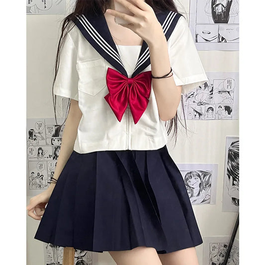Japanese JK Sailor School Uniform – White & Red Tie Set