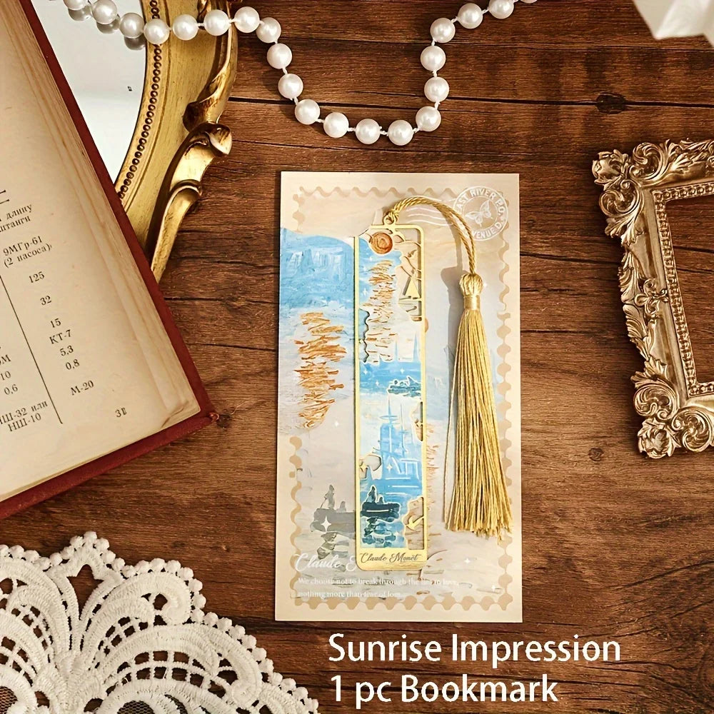 Vintage Oil Painting Metal Bookmarks with Hollow Design & Long Tassel – Perfect Stationery Gift for Book Lovers & Book Clubs