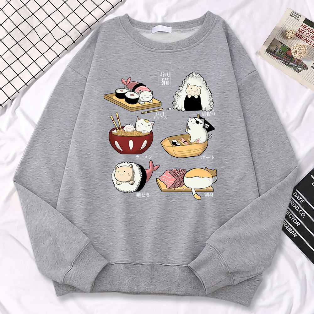 Kawaii Japanese Food Cat Sweatshirt – Ramen, Sushi & Onigiri Harajuku Style